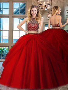 High End Red Backless 15 Quinceanera Dress Beading Sleeveless Floor Length