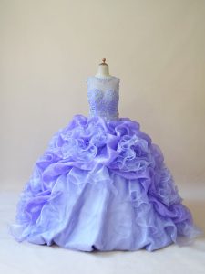  Scoop Sleeveless Ball Gown Prom Dress Brush Train Beading and Ruffles Lavender Organza