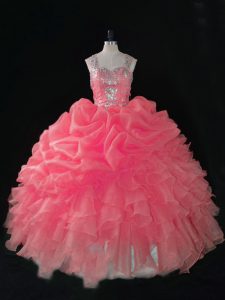 Trendy Ball Gowns Quinceanera Dress Baby Pink Straps Organza Sleeveless Zipper