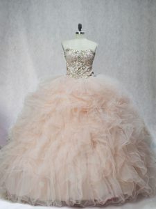 Lovely Sweetheart Sleeveless Tulle Quince Ball Gowns Beading and Ruffles Lace Up