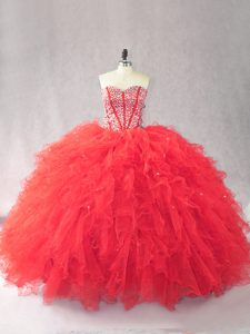  Red Ball Gowns Sweetheart Sleeveless Tulle Floor Length Lace Up Beading and Ruffles 15 Quinceanera Dress