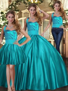  Sleeveless Satin Floor Length Lace Up Ball Gown Prom Dress in Teal with Ruching