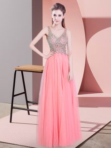 Exquisite Watermelon Red Tulle Zipper Prom Gown Sleeveless Floor Length Beading