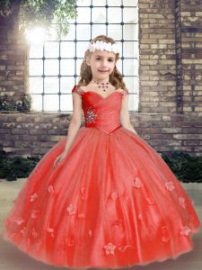 High Class Coral Red Straps Lace Up Beading and Hand Made Flower Kids Formal Wear Sleeveless