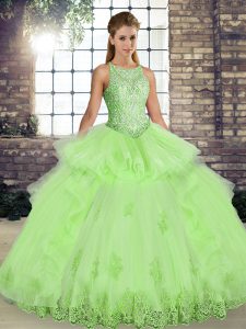 Affordable Tulle Scoop Sleeveless Lace Up Lace and Embroidery and Ruffles Quinceanera Gown in Yellow Green