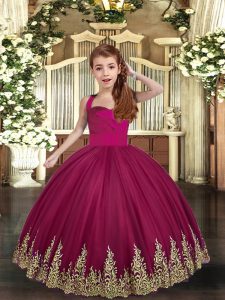  Burgundy Sleeveless Floor Length Embroidery Lace Up Little Girls Pageant Dress