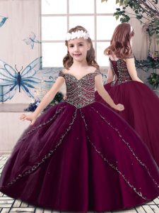 Inexpensive Straps Sleeveless Kids Pageant Dress Floor Length Beading Burgundy Tulle
