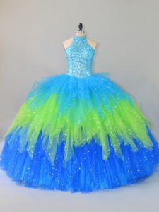 Unique Floor Length Multi-color Quinceanera Gown Halter Top Sleeveless Lace Up