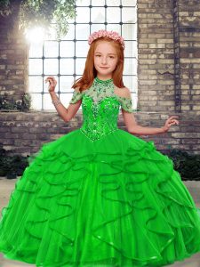  Lace Up High-neck Beading and Ruffles Little Girls Pageant Gowns Tulle Sleeveless