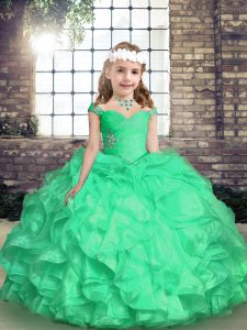 Great Organza Straps Sleeveless Lace Up Embroidery and Ruffles and Ruching Little Girls Pageant Dress Wholesale in Turquoise