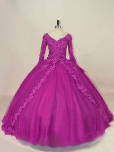  Fuchsia Ball Gowns Tulle V-neck Long Sleeves Lace and Appliques Floor Length Lace Up Quinceanera Dresses