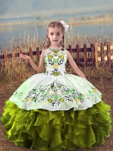  Olive Green Scoop Lace Up Embroidery and Ruffles Little Girls Pageant Dress Wholesale Sleeveless