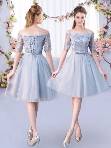 Deluxe Tulle Short Sleeves Knee Length Quinceanera Court Dresses and Lace and Belt