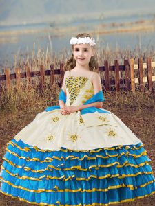 Attractive Floor Length Lace Up Little Girls Pageant Dress Baby Blue for Wedding Party with Beading and Embroidery and Ruffled Layers