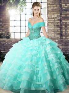 Fitting Organza Sleeveless Quinceanera Gowns Brush Train and Beading and Ruffled Layers