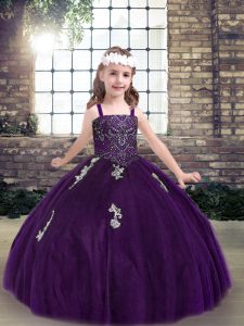  Appliques Child Pageant Dress Purple Lace Up Sleeveless Floor Length