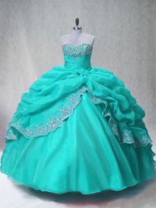  Sleeveless Organza Floor Length Lace Up Quinceanera Gown in Aqua Blue with Beading and Appliques