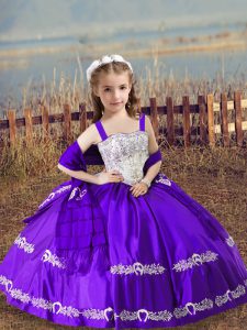 Eye-catching Floor Length Purple Little Girls Pageant Dress Straps Sleeveless Lace Up
