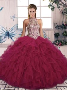 Low Price Halter Top Sleeveless Tulle Sweet 16 Dress Beading and Ruffles Lace Up