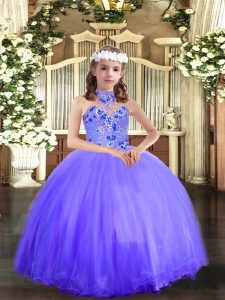  Sleeveless Floor Length Appliques Lace Up Girls Pageant Dresses with Blue
