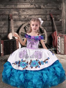  Organza Off The Shoulder Sleeveless Lace Up Beading and Embroidery and Ruffles Little Girl Pageant Dress in Aqua Blue