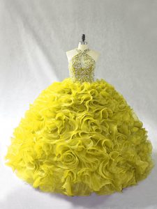 Affordable Yellow Green Halter Top Neckline Beading and Ruffles Quince Ball Gowns Sleeveless Lace Up