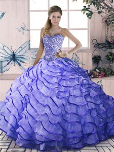 Gorgeous Lavender Lace Up Quinceanera Dresses Beading and Ruffled Layers Sleeveless Brush Train
