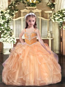 Great Sleeveless Floor Length Beading and Ruffles Lace Up Little Girls Pageant Gowns with Peach