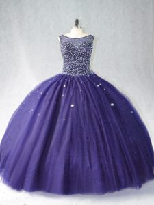 Customized Floor Length Purple Quinceanera Gowns Scoop Sleeveless Zipper