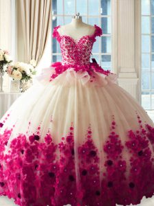  Scoop Sleeveless Quinceanera Gowns Brush Train Hand Made Flower Fuchsia Tulle