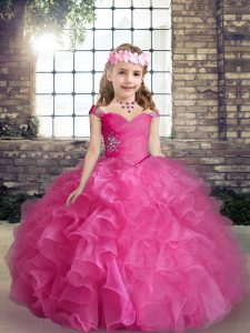  Hot Pink Straps Neckline Beading and Ruffles Little Girls Pageant Dress Wholesale Sleeveless Lace Up