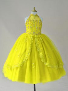  Tulle High-neck Sleeveless Lace Up Beading and Appliques Little Girl Pageant Gowns in Yellow