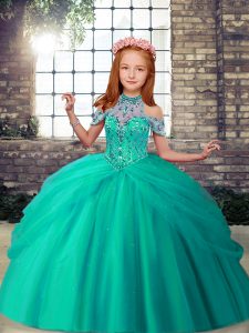  Turquoise Sleeveless Floor Length Beading Lace Up Kids Pageant Dress