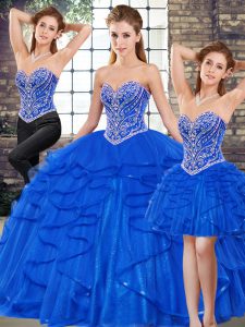  Royal Blue Three Pieces Beading and Ruffles Sweet 16 Dress Lace Up Tulle Sleeveless Floor Length