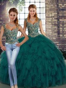 Sweet Sleeveless Floor Length Beading and Ruffles Lace Up 15th Birthday Dress with Peacock Green