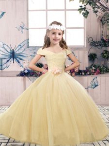 Excellent Champagne Lace Up Off The Shoulder Lace and Belt Little Girl Pageant Gowns Tulle Sleeveless