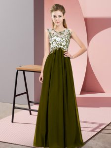 Fabulous Sleeveless Chiffon Floor Length Zipper Dama Dress in Olive Green with Beading and Appliques