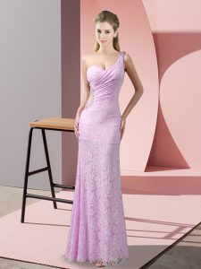 Sweet Lilac Lace Criss Cross One Shoulder Sleeveless Floor Length Prom Party Dress Beading and Lace