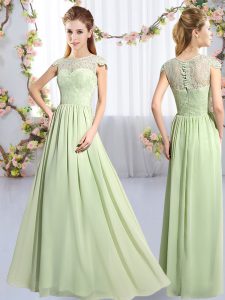 Excellent Yellow Green Clasp Handle Scoop Lace Quinceanera Dama Dress Chiffon Cap Sleeves