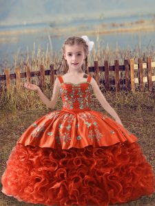  Orange Red Lace Up Little Girl Pageant Dress Embroidery Sleeveless Sweep Train