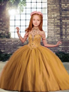 Best Floor Length Lace Up Kids Pageant Dress Brown for Party and Military Ball and Wedding Party with Beading