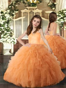  Orange Tulle Lace Up Straps Sleeveless Floor Length Little Girls Pageant Gowns Ruffles