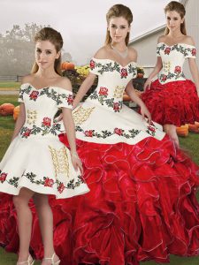 Custom Made Off The Shoulder Sleeveless Lace Up 15 Quinceanera Dress White And Red Organza