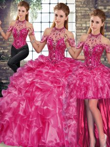 Delicate Sleeveless Organza Floor Length Lace Up 15th Birthday Dress in Fuchsia with Beading and Ruffles