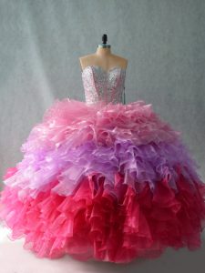  Sleeveless Floor Length Beading and Ruffles Lace Up Quinceanera Dress with Multi-color