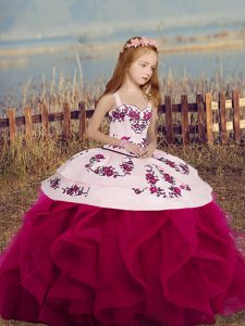  Fuchsia Lace Up Little Girl Pageant Dress Sleeveless Floor Length Embroidery and Ruffles