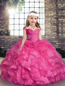  Hot Pink Sleeveless Organza Lace Up Little Girls Pageant Dress Wholesale for Party and Sweet 16 and Wedding Party