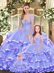 Affordable Lavender Organza Lace Up Quinceanera Gowns Sleeveless Floor Length Beading and Ruffled Layers