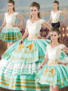 High Quality Satin V-neck Sleeveless Lace Up Embroidery and Ruffled Layers Sweet 16 Quinceanera Dress in Apple Green