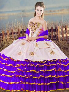 Custom Fit Floor Length Lace Up Quince Ball Gowns White And Purple for Sweet 16 and Quinceanera with Beading and Ruffled Layers
